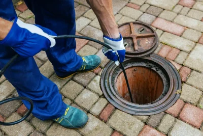 Plumber cleaning an outdoor sewer drain in Warrington