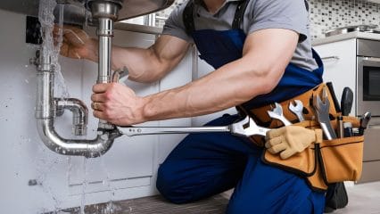 Technician using electronic equipment to detect a plumbing leak in Warrington