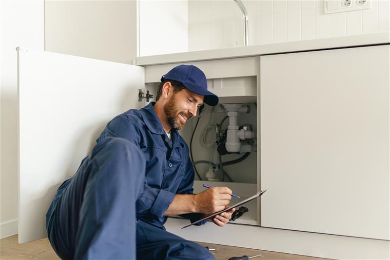 Residential plumber reviewing plumbing repairs in a Warrington kitchen