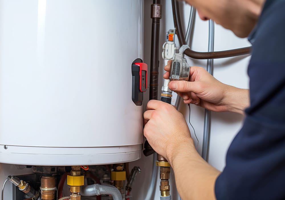 Technician repairing pipes connected to a water heater in Warrington